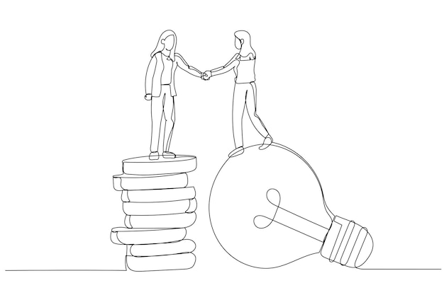 Cartoon of businesswoman standing on lightbulb idea lamp shaking hands Idea pitching Continuous line art