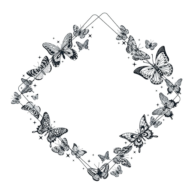 Cartoon butterfly silhouette frame butterfly stencil tattoo flat vector background