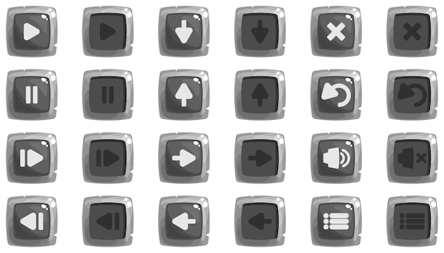 Cartoon buttons set game with icon. Kit of icons grey color in two positions, monochrome.