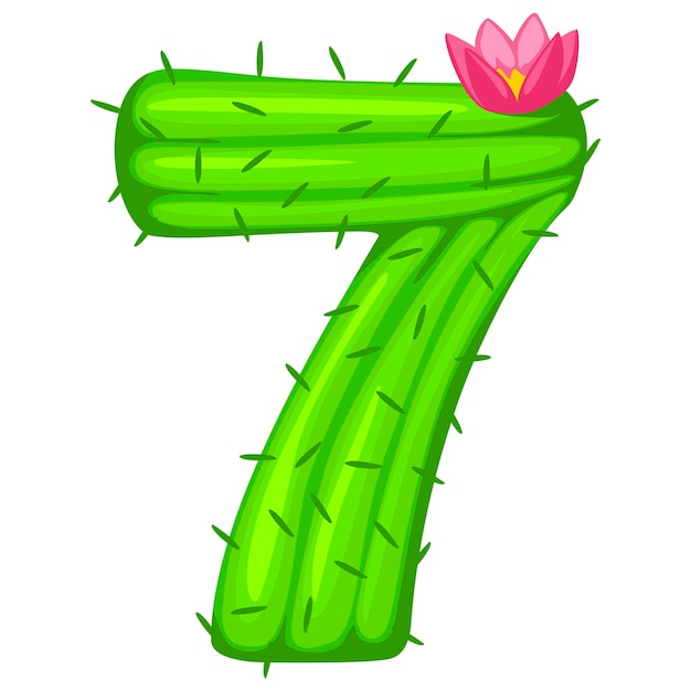 Cartoon cactus number 7 with flower font kids numbers Figure Seven