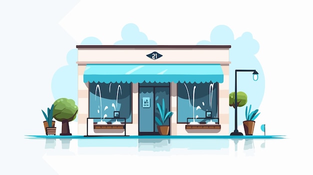 Vector a cartoon of a cafe with a blue awning and a tree in the background