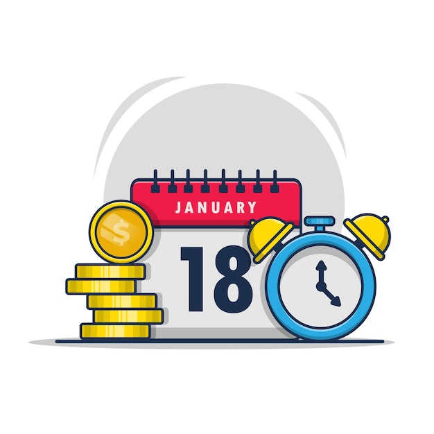 cartoon calendar icon illustration of a clock and gold coin financial business design concepts