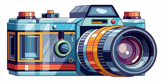 a cartoon of a camera with a colorful lens