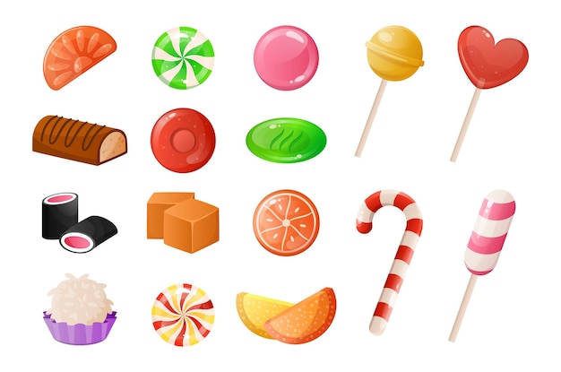 Cartoon candies Sweet caramel desserts Yummy lollipop and gummy jelly Sugary toffee and chocolate sweets of round or square shapes Isolated hard and chewy bonbons Vector confectioneries set