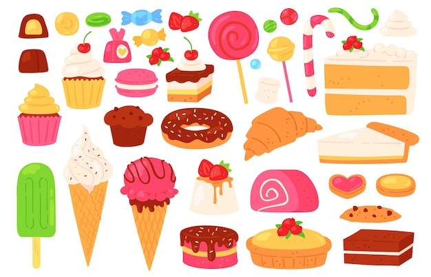 Vector cartoon candy and sweets. cupcakes, ice cream, lollipops, chocolate and jelly candies, biscuit pastries and cakes. confectionery vector set of cupcake dessert, food donut delicious illustration