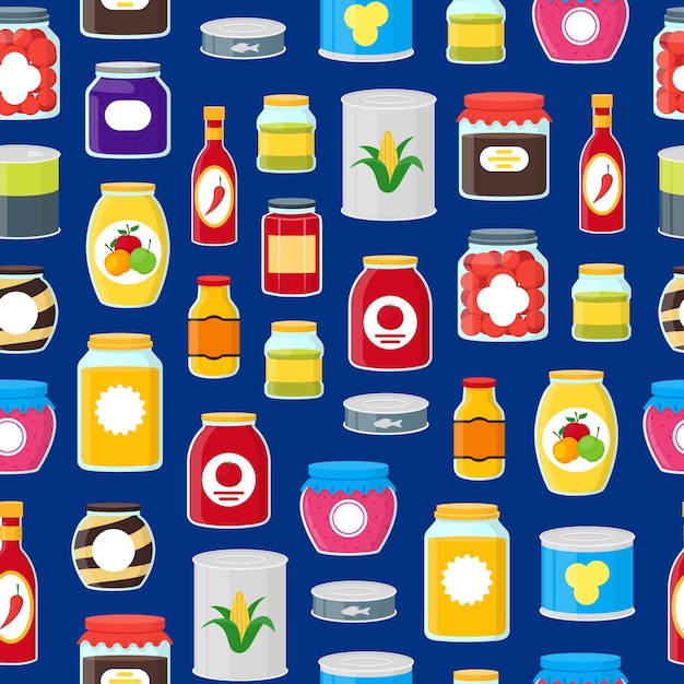 Cartoon Canned and Jar Food Seamless Pattern Background Vector