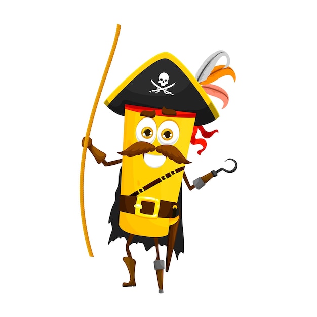 Cartoon cannelloni italian pasta pirate character Italy cuisine meal filibuster captain cheerful personage pasta buccaneer or cannelloni pirate isolated vector funny mascot with tricorn hat and hook