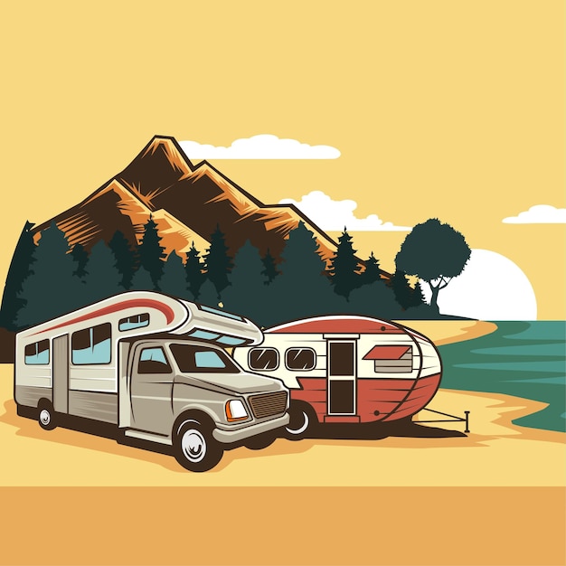 cartoon of caravan rv travel illustration with mountain and lake background vector template