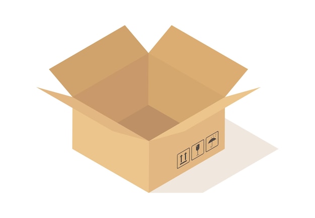 Cartoon cardboard open box with fragile sign. Opened beige square empty parcel angle view, packaging cargo storage, industry shipment, shipping goods, warehouse object vector isolated illustration