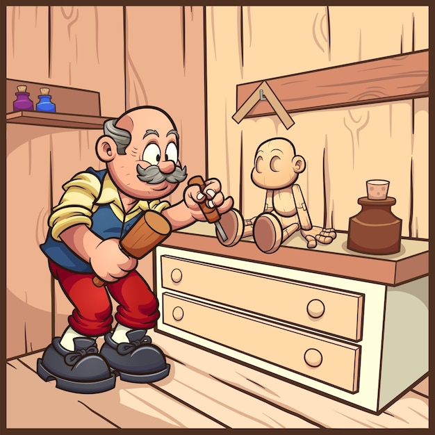 Cartoon carpenter working on a wooden marionette