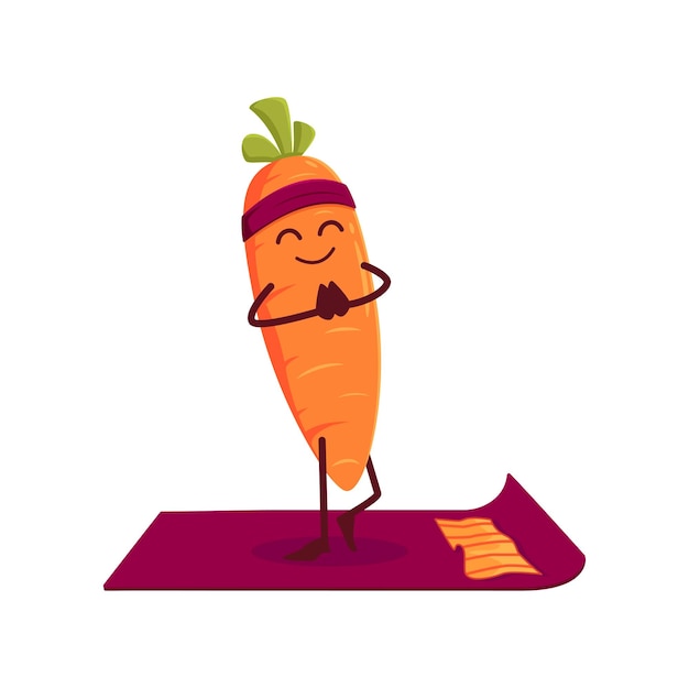 Cartoon carrot vegetable character on yoga sport