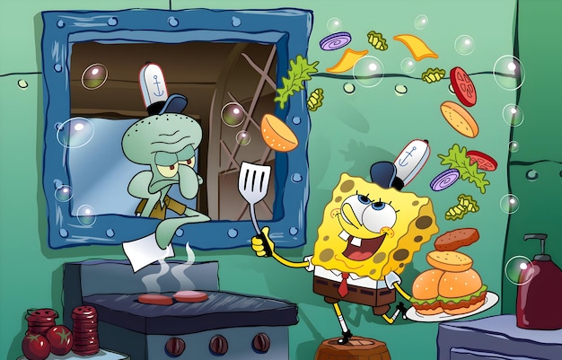 a cartoon of a cartoon character cooking with a spongebob and a cookbook