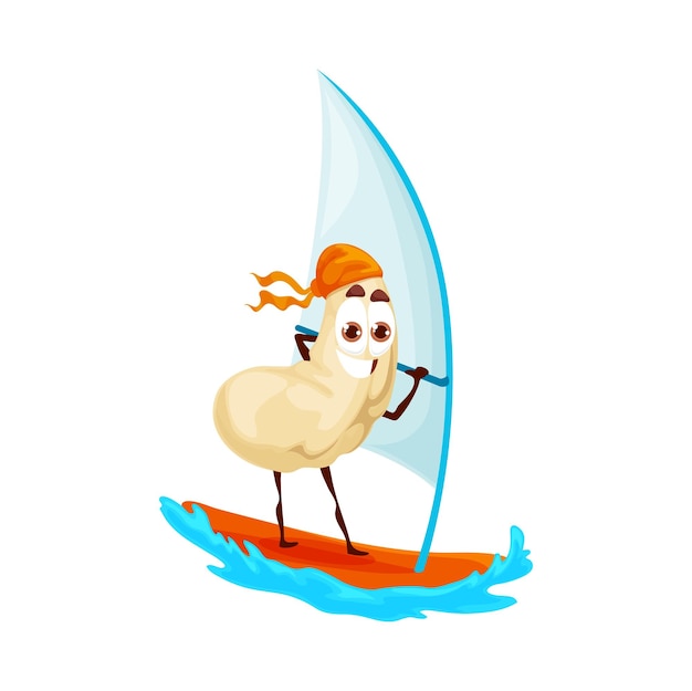 Cartoon cashew nut on windsurfing sport or relax