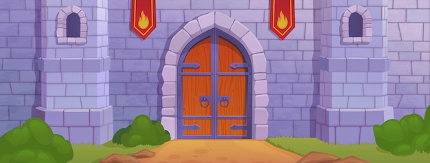 Cartoon castle entrance Medieval citadel dungeon entry old palace gate stone wall texture wooden door royal fort prison building game background ingenious vector illustration