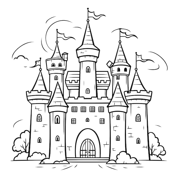 Cartoon castle on a white background for coloring book