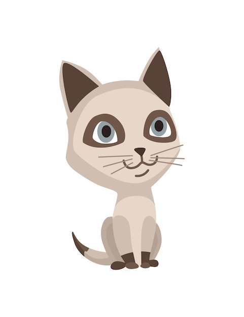 Cartoon cat character Siamese colorpoint pet Adorable domestic cat sitting Funny happy and playful animal Cute two color kitten