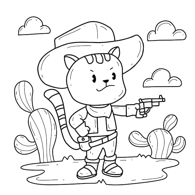 Cartoon cat cowboycoloring book alphabet Isolated on white background