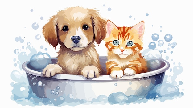 Cartoon Cat and Dog Pets Washing in the Bath