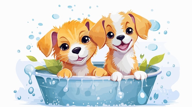 Vector cartoon cat and dog pets washing in the bath