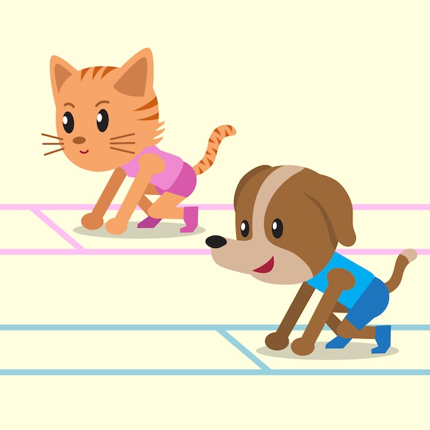 Vector cartoon a cat and a dog ready to run