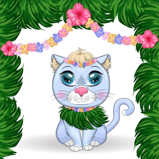 Cartoon cat dressed as a hula dancer under the ukulele Hawaii Summer vacation Cute child character symbol of 2023