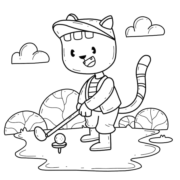 Cartoon cat golf coloring book Isolated on white background