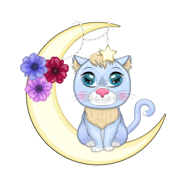 Cartoon cat on the moon with flowers Cute child character symbol of 2023 new chinese year