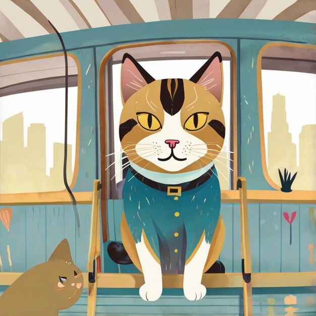 Vector a cartoon of a cat and a mouse on a tram