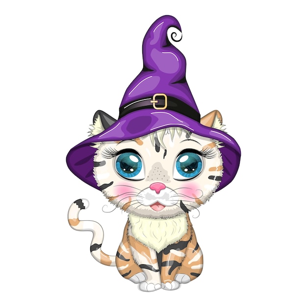 Cartoon cat in purple witch hat with broom pumpkin potion Halloween character poster symbol of 2023