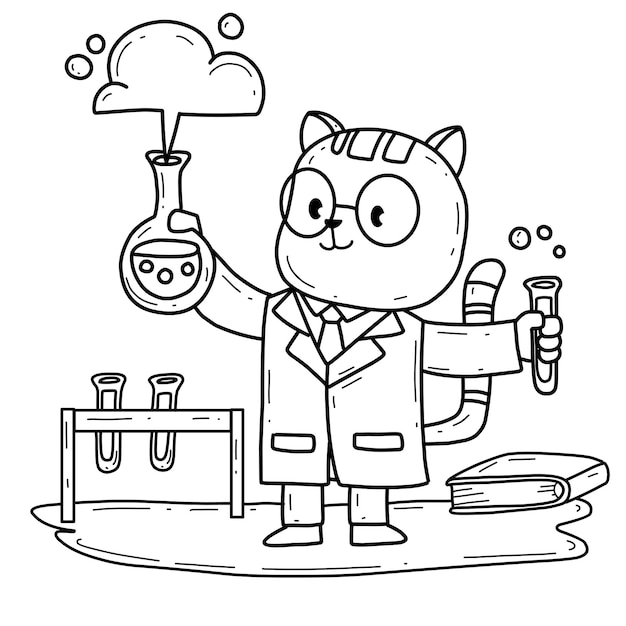 Vector cartoon cat scientist coloring book isolated on white background