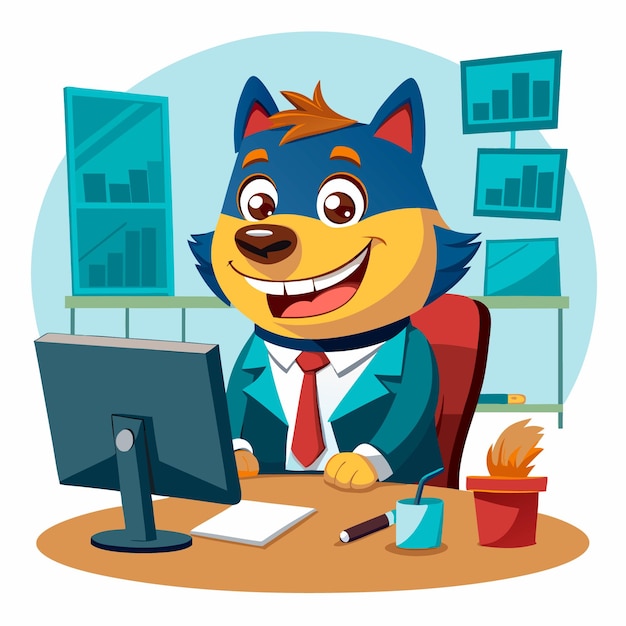 a cartoon cat sits at a computer with a cartoon character on the back