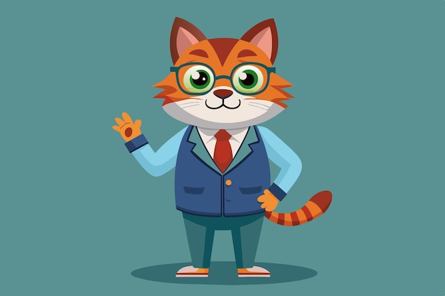 Vector a cartoon of a cat wearing glasses and a suit with a tie and a cartoon character