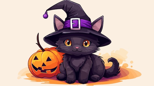 Cartoon Cat in Witch Hat Playful and Mysterious Halloween Illustration