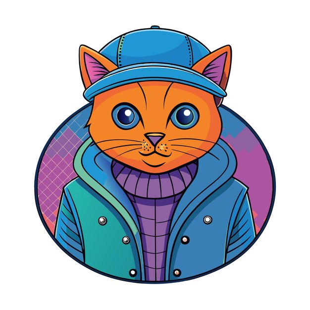 Vector cartoon cat with a blue cap jacket and purple sweater in a circular frame