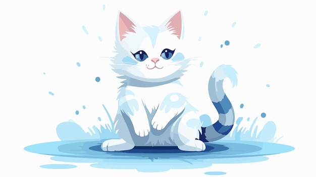 a cartoon cat with blue eyes sits in a puddle of water