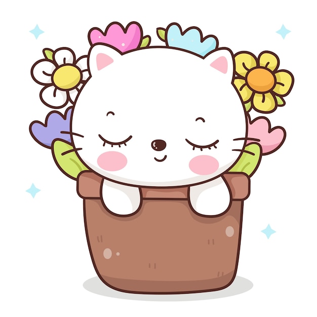 A cartoon cat with flowers in a pot