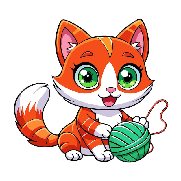 a cartoon cat with green eyes and a ball of yarn