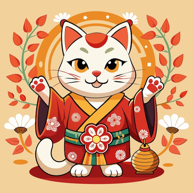 Vector a cartoon cat with a kimono on it and a flower on the front