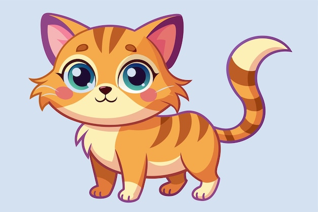 A cartoon cat with large eyes and a lengthy tail showcasing its adorable and playful nature