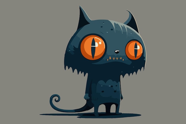 A cartoon cat with orange eyes stands in a dark grey background