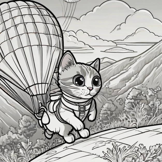 a cartoon cat with a parachute that says cat on it