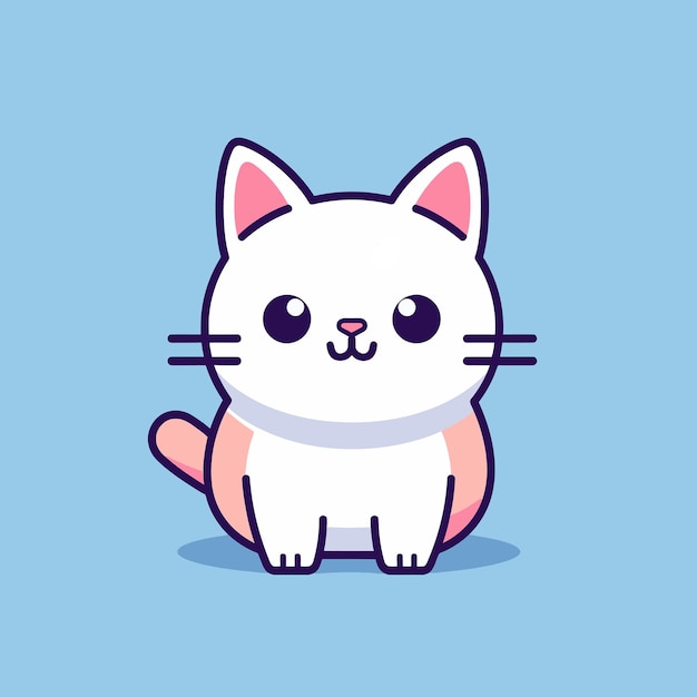 A cartoon cat with a pink tail sits on a blue background.