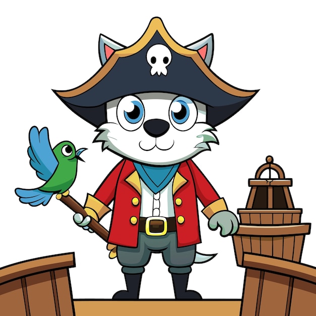 a cartoon cat with a pirate hat and a parrot on the chest