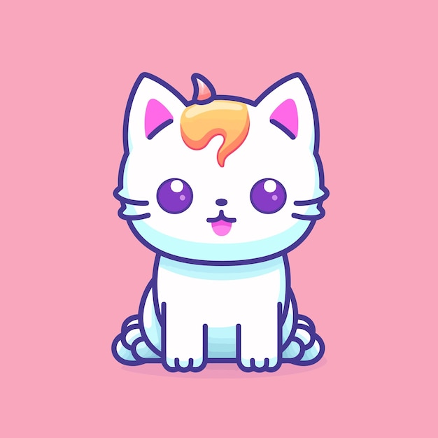 A cartoon cat with a rainbow horn on its head sits on a pink background.