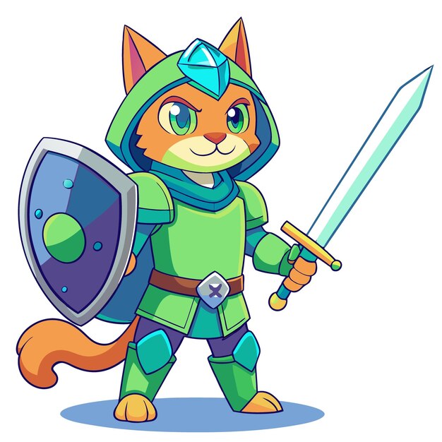 Vector a cartoon cat with a sword and shield