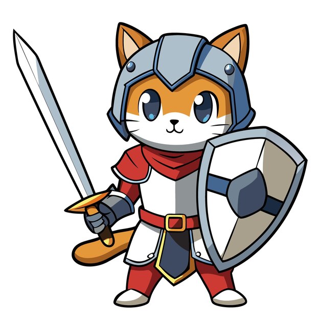 Vector a cartoon cat with a sword and shield