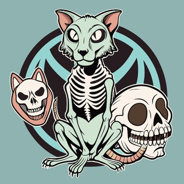 Vector a cartoon cat with visible bones sits with a skull and a skull face in front of a circular graphic