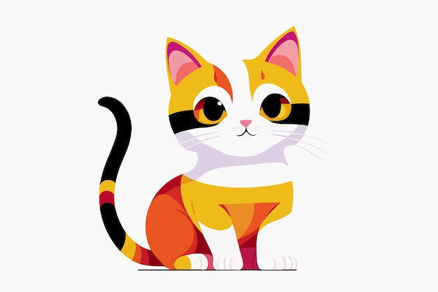 A cartoon cat with a yellow face and black eyes sits on a white background.