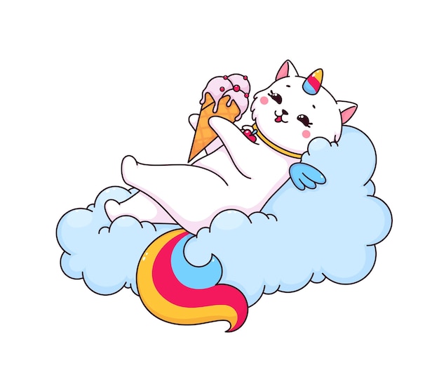 Cartoon caticorn character on cloud with ice cream