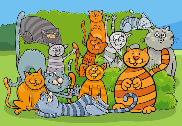 Cartoon cats and kittens animal comic characters group